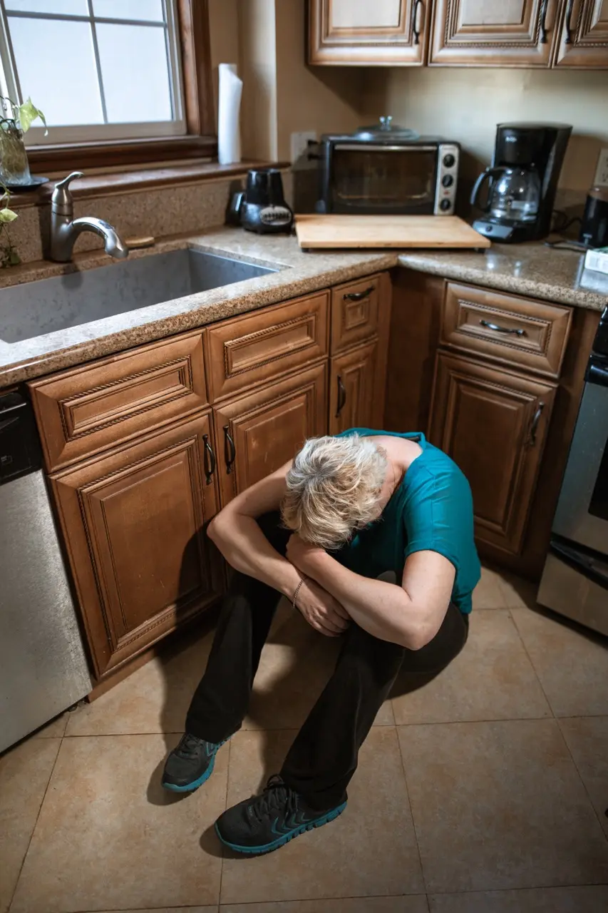 Older woman suffering from PTSD curled up on the floor in her kitchen, with her head hanging down
